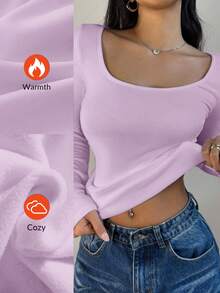 SHEIN BASICS Áo thun nữ cổ tròn tay dài dáng ôm, chất liệu vải giữ nhiệt nâng cấp, lót giữ nhiệt không cồng kềnh, áo thun co giãn ôm vừa vặn cho mùa thu đông - Màu tím - Xem 4