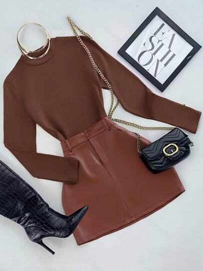 Franclia 2pcs Women's Autumn/Winter Outfit - Stylish & Elegant Brown T-Shirt And Leather Mini Skirt Set