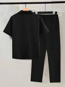 Vacaura 2 Stücke/Set Teenager Sommer Lässig Hemd mit Knöpfen und weite Passform Hose, geeignet für den täglichen Gebrauch - Schwarz - Übersicht 2