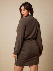 Elaquor Women's Plus Size High Neck Fitted Textured Fabric Top - Brown - View 2