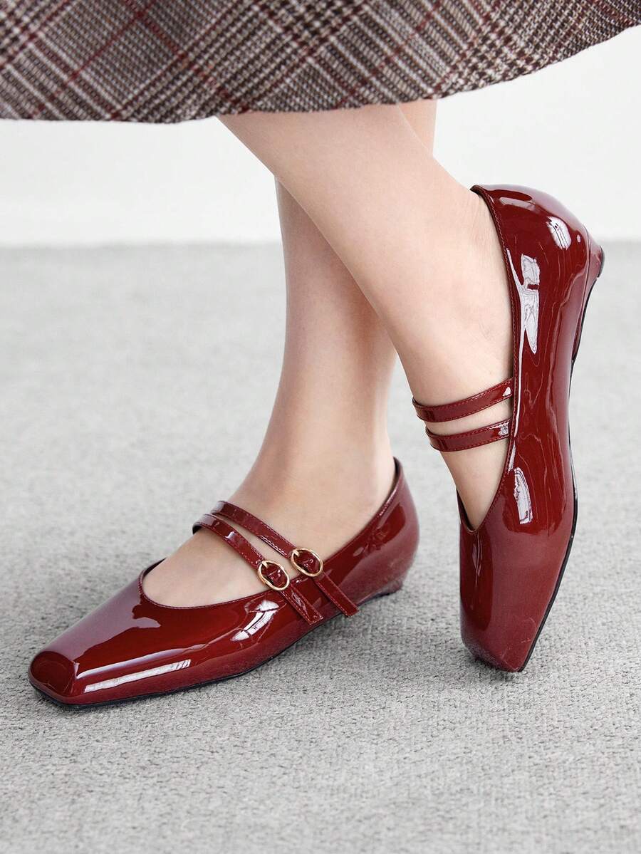 CUCCOO BIZCHIC Women's Fashionable Charming Flat Shoes, Burgundy, Patent PU Material, Square Toe, Commuting, Comfortable, Indoor, Office, Street, Party, Vacation, Suitable For Dresses, Jeans, Shorts - Burgundy - View 1