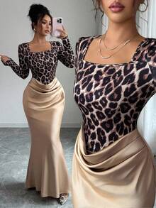 Elenzga 豹纹领长袖腰部收紧紧身缎面和粗花呢拼布二合一褶皱优雅法式通勤长裙 - 卡其色 - 查看 5