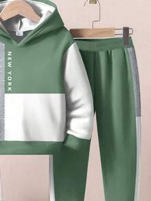 Set 2 buc. Băieți tineri, casual, la modă, clasic, cool, colorblock, patchwork, imprimare, croială lejeră, hanorac și pantaloni, potrivit pentru toamnă/iarnă - Multicolor - Vizualizare 8
