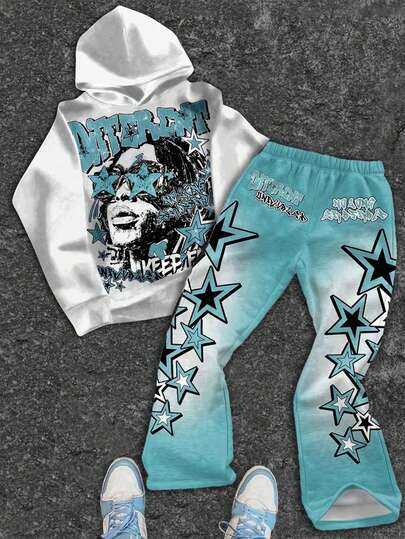 SHEIN Conjunto informal de 2 piezas para niño preadolescente con sudadera con capucha de manga corta con estampado de estrella, texto de moda y gráfico de retrato, y pantalones acampanados, adecuado para otoño/invierno