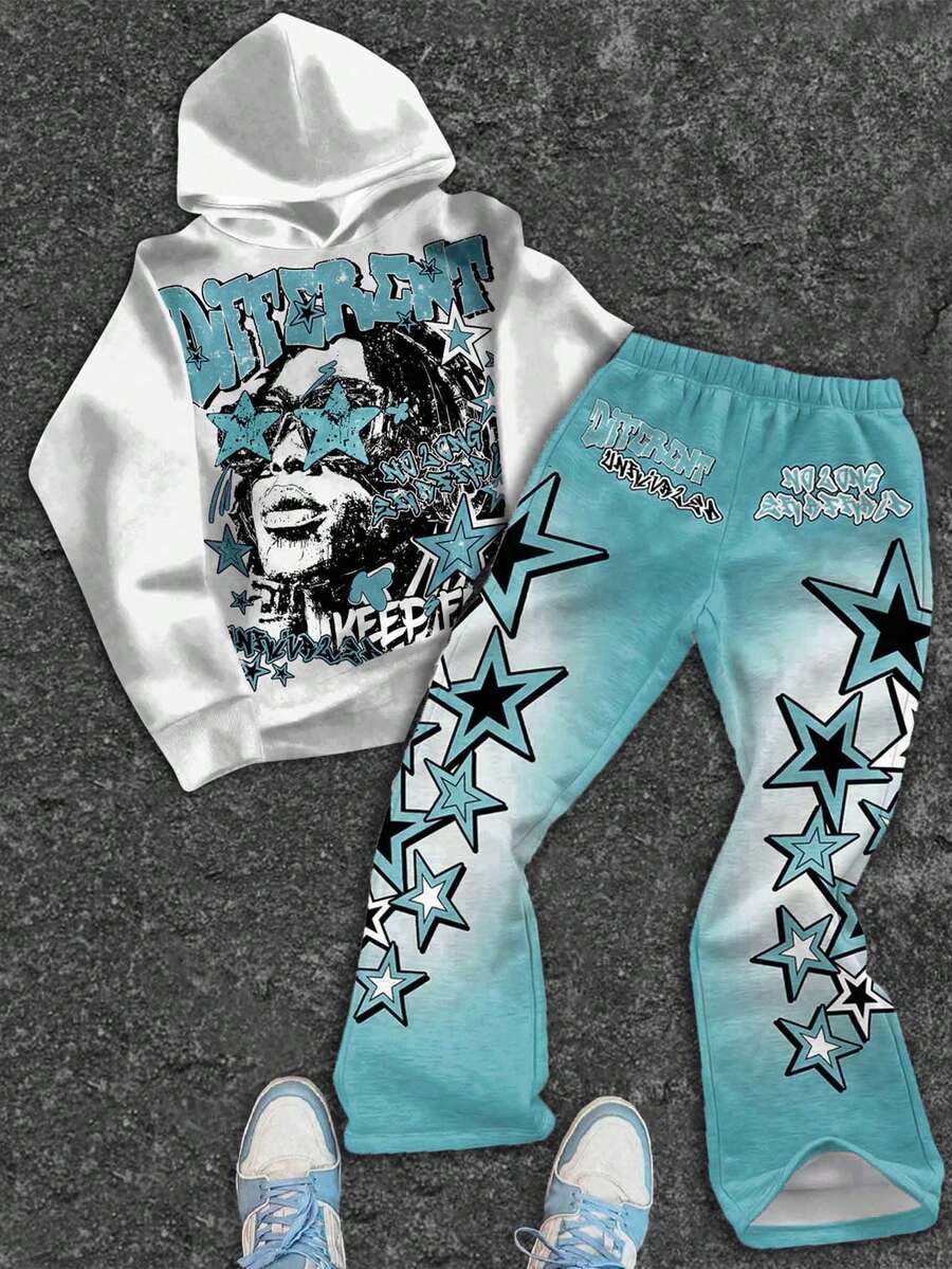 SHEIN Tween Boy Casual Classic Star Print, Fashion Text & Portrait Graphic Short Sleeve Hoodie And Flare Pants 2 Pieces Set, Suitable For Autumn/Winter - Multicolor - View 1