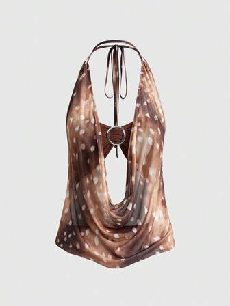 ROMWE Avant Top halter con cuello profundo drapeado y espalda descubierta con estampado de ciervos vintage Y2K (incluye forro de camiseta)