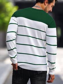 Manfinity Homme 男士条纹圆领长袖休闲毛衣，秋冬款 - 彩色 - 查看 2