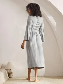 Ocili 休闲简约荷叶边长款系腰睡袍，女士家居服，时尚秋日睡袍，舒适长袖睡袍 - 灰色 - 查看 3