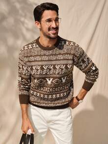 Manfinity CityGents Men's Casual Colorblock Geometric Pattern Sweater, Autumn/Winter Brown Sweater Men Mens Knit Floral