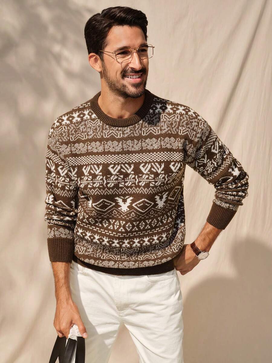 Manfinity CityGents Men's Casual Colorblock Geometric Pattern Sweater, Autumn/Winter Brown Sweater Men Mens Knit Floral