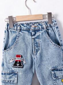 SHEIN 男童休闲宽松直筒撞色缝线工装牛仔裤 - 中等水洗藍 - 查看 6