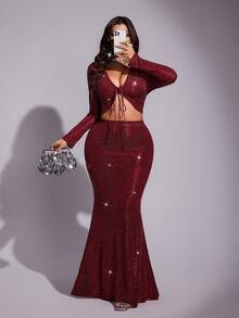 Viva Relle Große Größen sexy rotes paillettenbesetztes Crop Top und paillettenbesetzter Meerjungfrau-Rock Set für Silvester, Partykleid, Abendkleid - Bordeaux - Übersicht 4