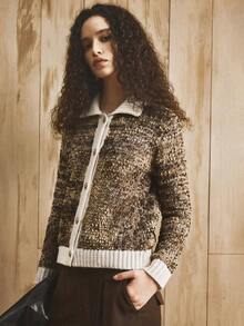 EMERY ROSE Women's Casual Contrast Trim Button Front Knit Cardigan, Autumn/Winter - Coffee Brown - View 6