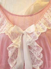 DelicateAllure Women's Sexy Pink Mesh Mini Nightgowns With Flounce Sleeves And Contrast Lace Detail, Semi-Sheer Scoop Neck Sleep Dress - Pink - View 7