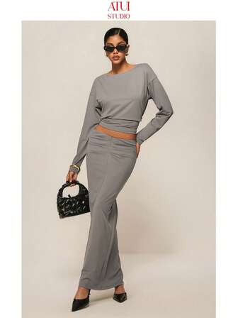 ATUI Studio Women's Sexy Solid Color Backless Top And Skirt Set Two Exquisite Gray Commuter Women's Sets, Suitable For Female Teachers, Business And Leisure, Office Clothes, Dating Sets, Sexy Sets, Backless Top And Skirt Sets, Modern Commuter Clothes For Winter