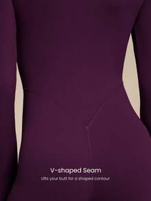 GLOWMODE 24" FeatherFit™-Air Glow Giver Soft Breathable Sweat-Wicking Front Zipper Ribbed Side Panels Contouring Seams Thumbholes Deep V-Back Seams Removable Cups Long-Sleeve Jumpsuit Low-Impact Daily Active Wear Fall Winter - Bold Plum - View 4
