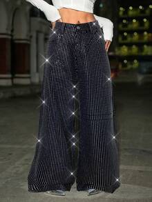 SHEIN ICON 女士水钻装饰口袋阔腿宽松休闲牛仔裤 - 黑色 - 查看 5