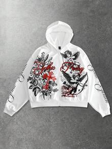ROMWE MEN Street Life 男士休闲天使花朵印花连帽卫衣，秋季 - 白色 - 查看 5
