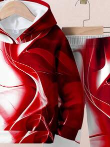 SHEIN 男婴红色晕影、红色烟雾、优越感、特殊效果、休闲简约宽松柔软针织连帽衫和裤子套装，舒适适合秋冬季、圣诞节 - 彩色 - 查看 6