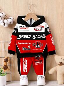 SHEIN Baby Boy Casual Loose Comfortable Soft Classic Stylish Cool Racing Car Graphic Print Hoodie Sweatshirt Set, Suitable For Autumn/Winter Fall - Multicolor - View 2