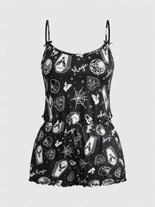 ROMWE Goth 大码女式哥特骷髅、蜘蛛、蝙蝠印花撞色吊带背心和短裤睡衣套装 - 黑色 - 查看 1