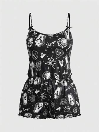 Plus Size Women Gothic Skull, Spider, Bat All-Over Print Contrast Strap Camisole & Shorts Pajama Set