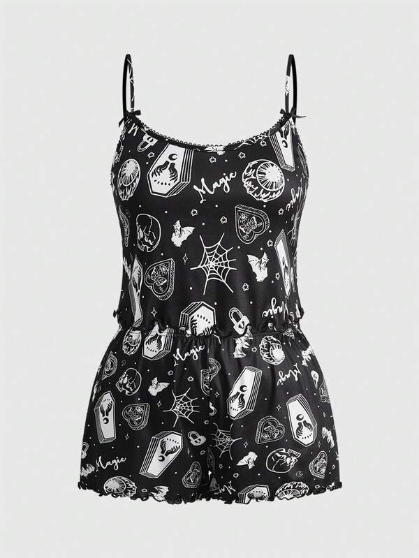 Plus Size Women Gothic Skull, Spider, Bat All-Over Print Contrast Strap Camisole & Shorts Pajama Set