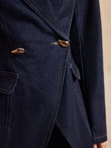 Vintamour Women's Lapel Neck Long Sleeve Metal Double-Breasted Elegant Denim Jacket, Winter Christmas Thanksgiving Denim Jacket With Gold Button Detail, Work - Dark Wash - View 7