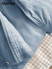 少女百搭休闲棕色冬季外套，短款高领连帽 - 淺藍色 - 查看 6