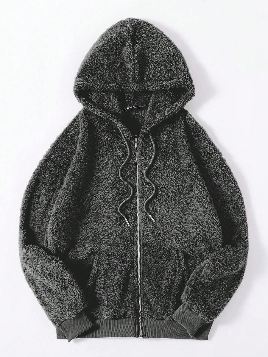 Franclia 女士纯色长袖拉链抽绳连帽抓绒外套，秋冬款 - 灰色 - 查看 1