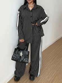 女士条纹休闲宽松上衣和印花长裤两件套，通勤风格，秋冬季 - 黑與白 - 查看 6