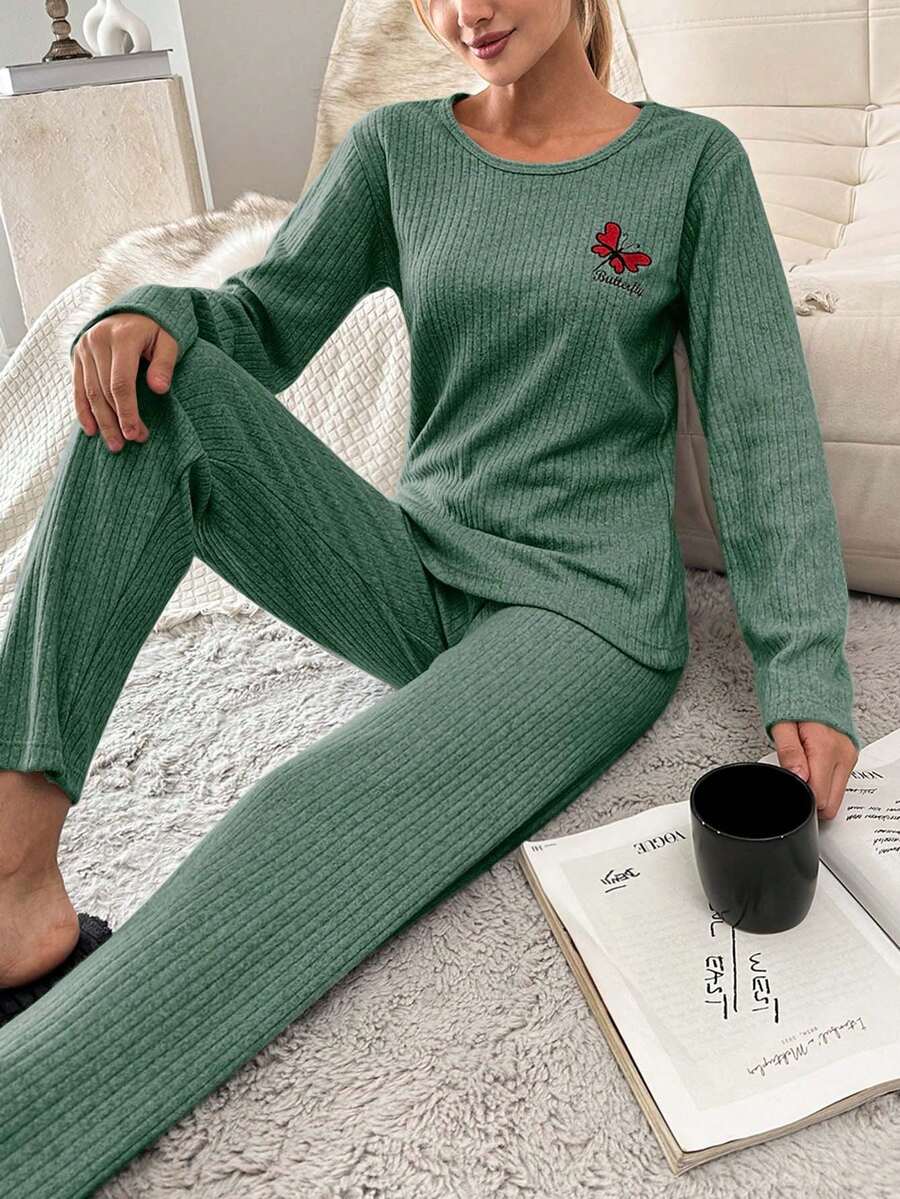SHEIN Cottnline Butterfly & Letter Embroidery Rib Knit Homewear Set - Green - View 1