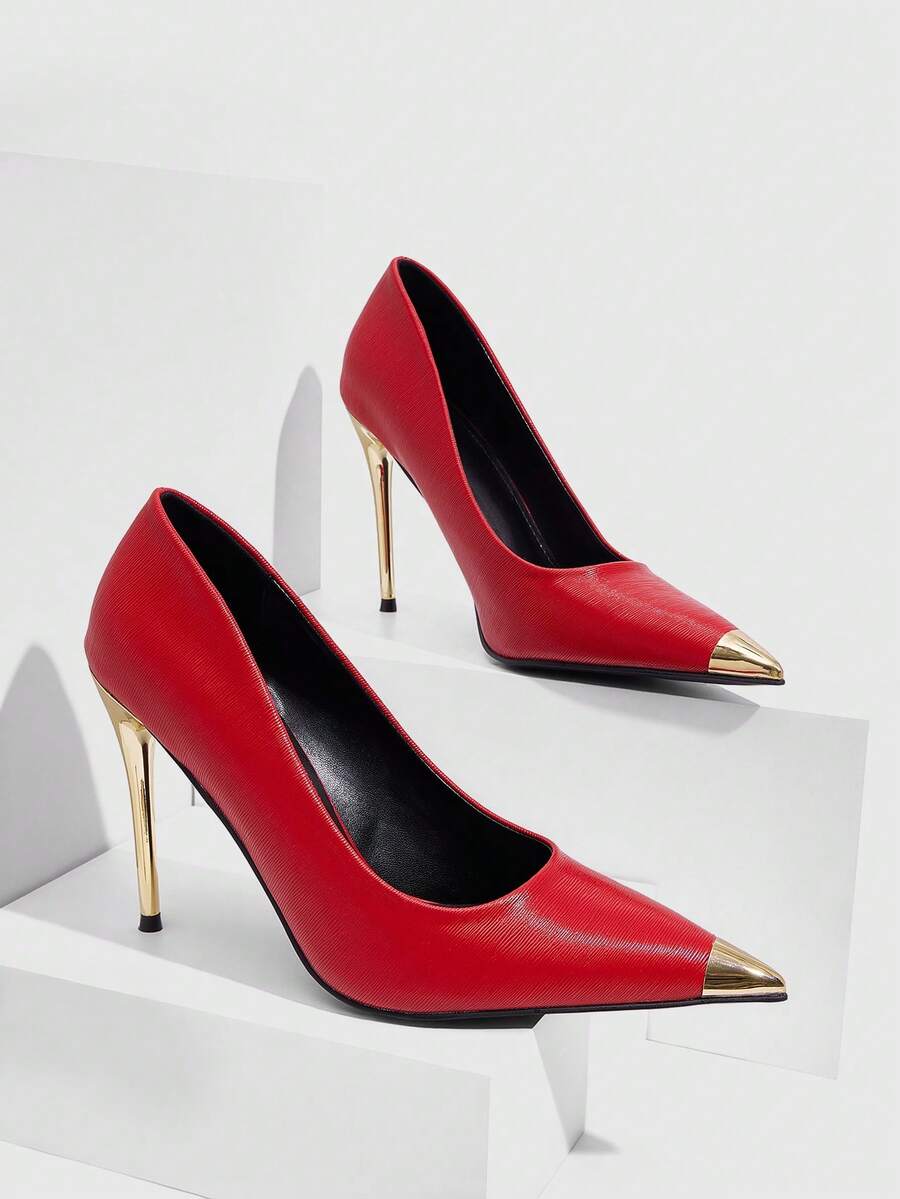 CUCCOO SZL 女士尖头撞色高跟鞋，时尚百搭，适合日常穿着 - 紅色 - 查看 1