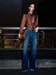 SHEIN Luminelle 女士纯色长袖褶皱领优雅衬衫 - 棕色 - 查看 2