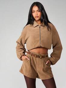 MISSGUIDED Women's High Waisted Tailored Suede Shorts With Belt For Fall Winter Casual Office Wear - Brown - View 3