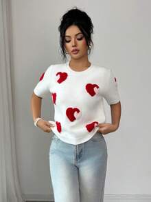 SHEIN Elenzya Blusa feminina leve de malha com estampa de corações em jacquard, manga curta e estilo delicado. - Branco - Ver 5