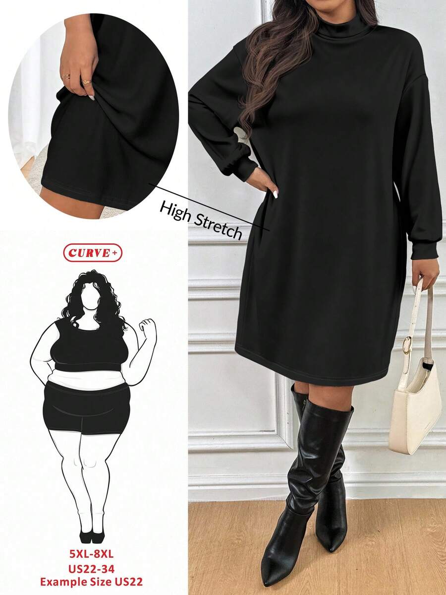 SHEIN CURVE+ Đầm dài cổ đứng màu trơn thường ngày mùa thu đông cỡ lớn dành cho nữ - màu đen - Xem 1