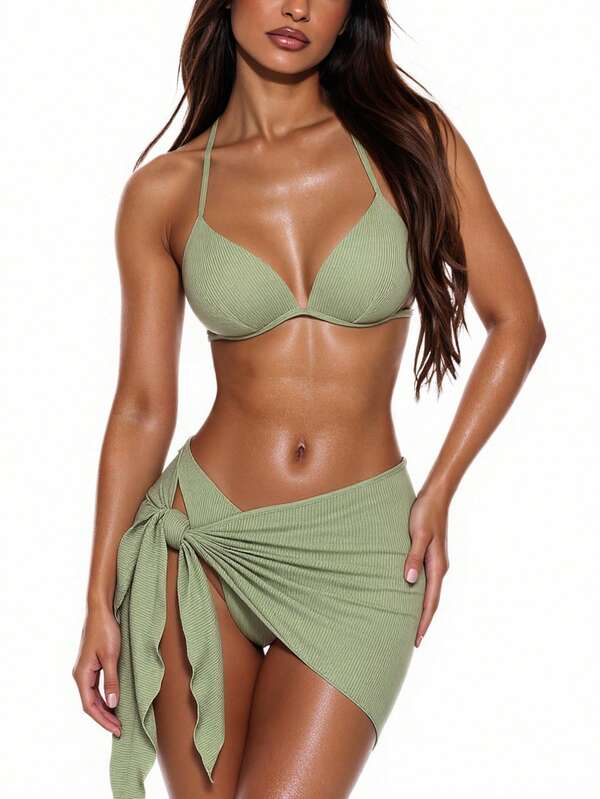 SHEIN Swim Conjunto de bikini de 3 piezas con sujetador push up, braga de bikini y cubretraje de playa con textura de verano