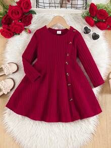 SHEIN Váy dài vừa phải thiết kế xẻ tà cổ tròn thanh lịch dành cho bé gái tuổi teen, thích hợp mặc đi học, mặc thường ngày, thu/đông - Đỏ - Xem 3