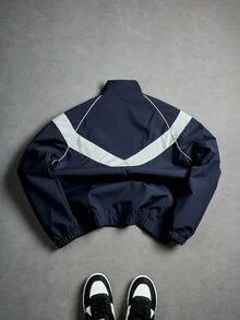 PAVTROS Men's Sports Outdoor Navy Blue Colorblock Jacket With Stand Collar Long Sleeve Woven Fabric And Pockets Regular Length Windbreaker Jacket Race Jacket Cropped Jacket Men S Windbreaker Jacket Track Jacket - Navy Blue - View 2