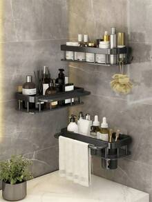 1 pieza Estantería de almacenamiento para baño montada en la pared, sin necesidad de perforar, estantería para ducha, estantería de acero inoxidable con ventosa, organizador de baño, organizador de inodoro - Negro - Ver 3