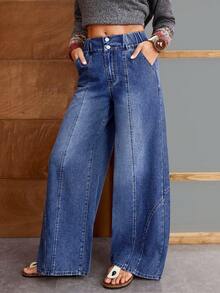 EMERY ROSE 女式高腰口袋阔腿宽松休闲百搭牛仔裤 - 藍色 - 查看 6