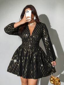 Viva Relle Đầm dự tiệc lấp lánh cổ chữ V ôm eo cỡ lớn cho nữ, tôn dáng khi mặc hàng ngày - màu đen - Xem 5