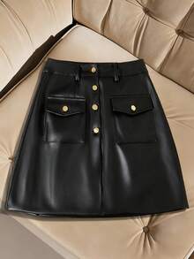 Franclia Damen einfarbiger Knopfdesign Taschen PU Leder A-Linie Rock - Schwarz - Übersicht 5