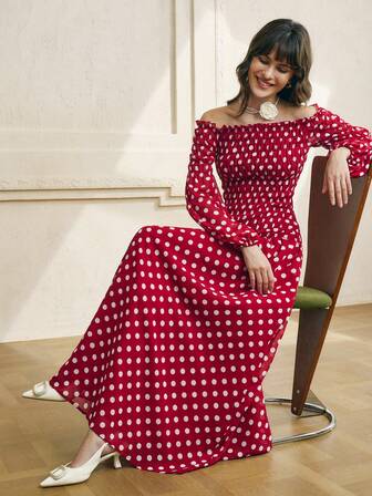 Cévolie Women's Spring/Autumn New French Chiffon Polka Dot Retro Ruffle Off Shoulder Cinched Waist Flare Long Sleeve Dress
