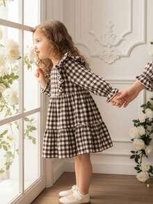 Babygirl 可爱休闲格子长袖荷叶边下摆宽松连衣裙 - 卡其色 - 查看 1