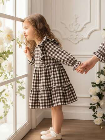 Babygirl Cute Casual Plaid Long Sleeve Ruffle Hem Loose Dress