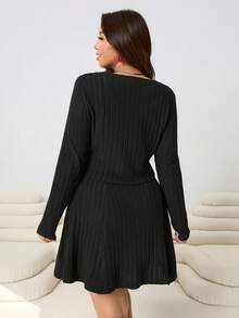 SHEIN EZwear 2025 Autumn/Winter New Casual Outgoing Daily Wear Party Commute Back To School Date Birthday Party Home Occasion Open Front Long Sleeve Jacket And Camisole Short Knit Dress, Warm Ribbed Knit Fabric, Black, Plus Size 2-Piece Set - Black - View 2