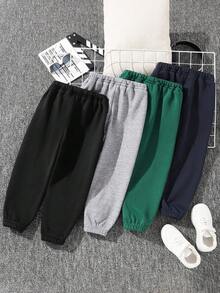 SHEIN 4件套男婴可爱保暖纯色弹力腰保暖内衬裤子，黑、绿、灰、蓝，秋冬百搭下装，适合幼儿园、滑雪户外男婴裤子冬季 - 彩色 - 查看 7