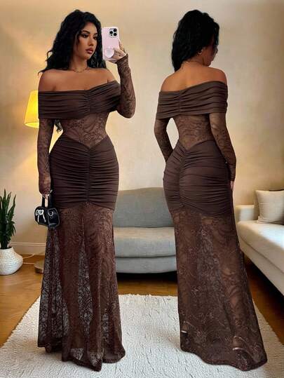 Rafferiza Women's Autumn Winter Elegant Dark Brown Off-The-Shoulder Lace Dress, Autumn Dress Fall Clothes For Women Autumn Clothes Fall Dresses For Women Autumn Clothes For Women Christmas Christmas Dress New Year Clothes New Year Women's Clothes Casual Dress For Women Casual Dress Brown Dress Lace Dress